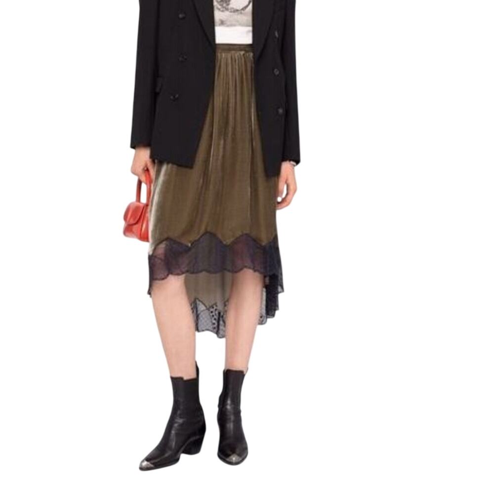 Zadig & Voltaire Joslin Velvet High Low Silk Skirt With black Lace medium NWOT